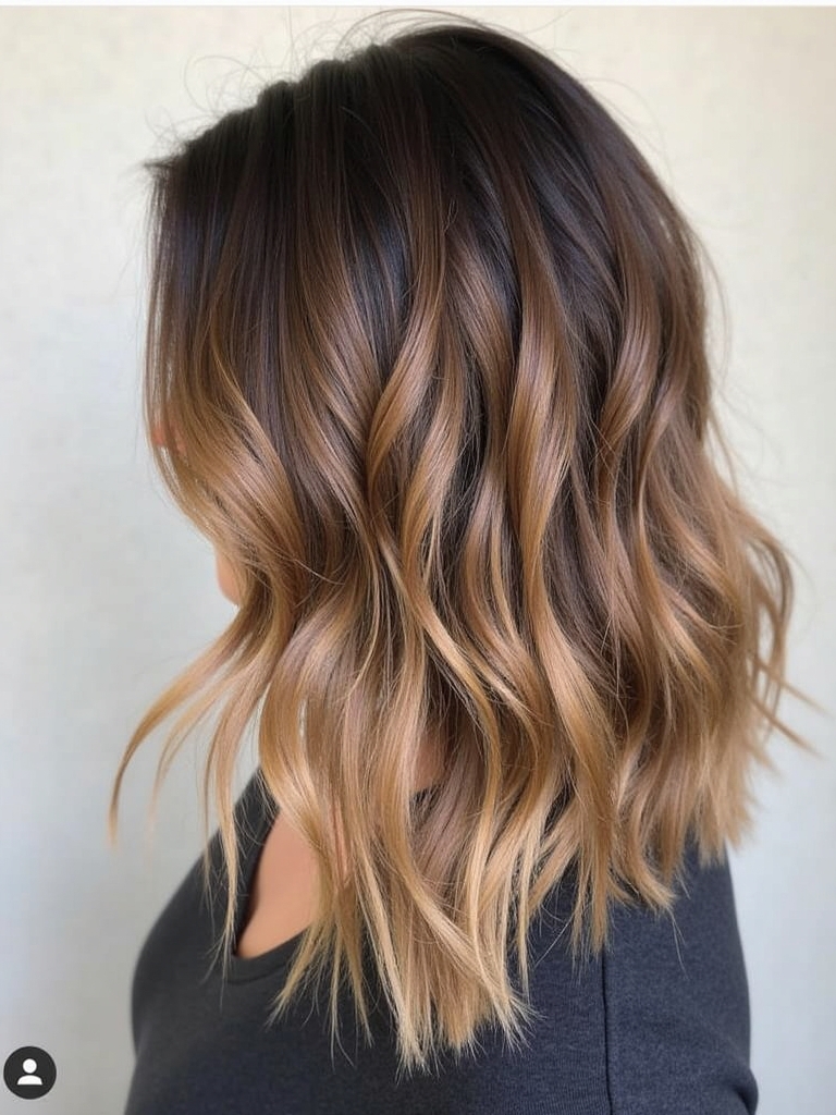 Honey Brown Balayage on Wavy Hair