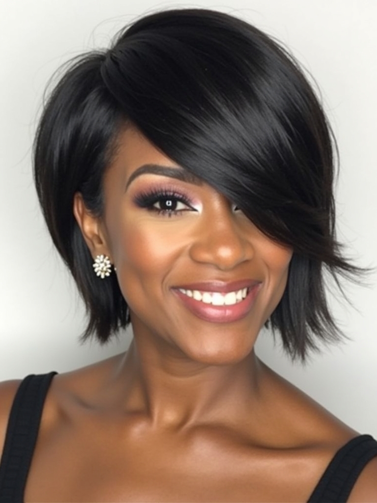 51 Stunning Short Haircuts for Black Women: Angled Bob with Deep Side Part