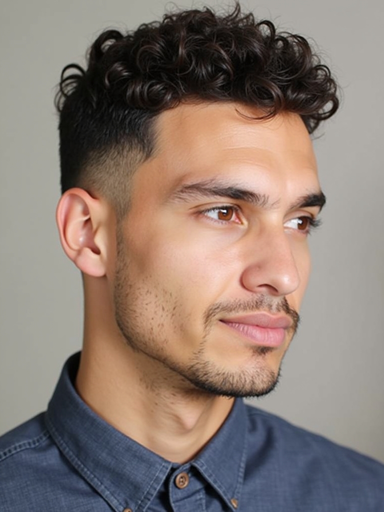 Men's Short Curly Hairstyles: Curly Top with Hard Part
