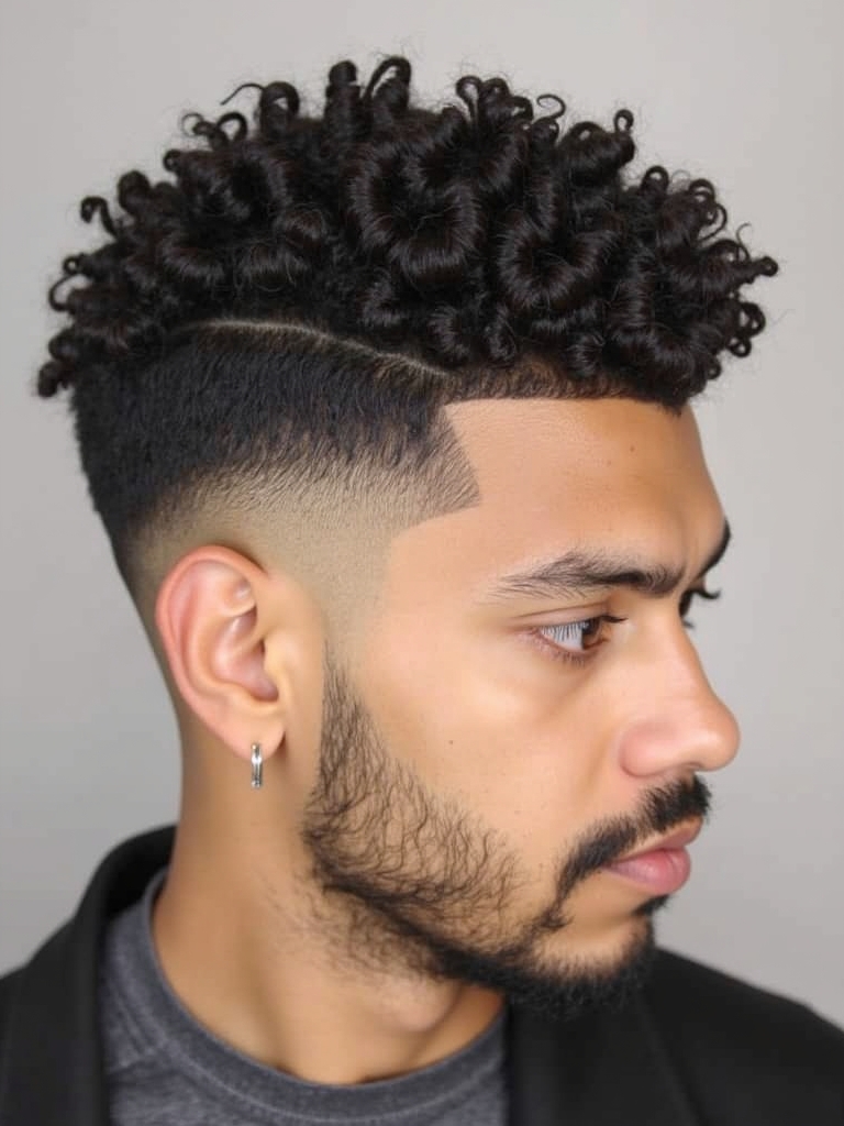 Men's Short Curly Hairstyles: Side Part with Tapered Fade