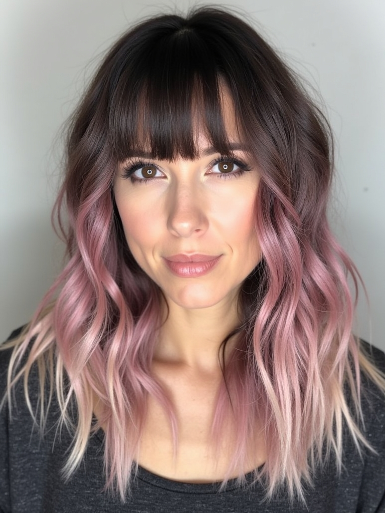 Long Hair with Short Bangs Hairstyle Featuring Face Framing Curtain Bangs