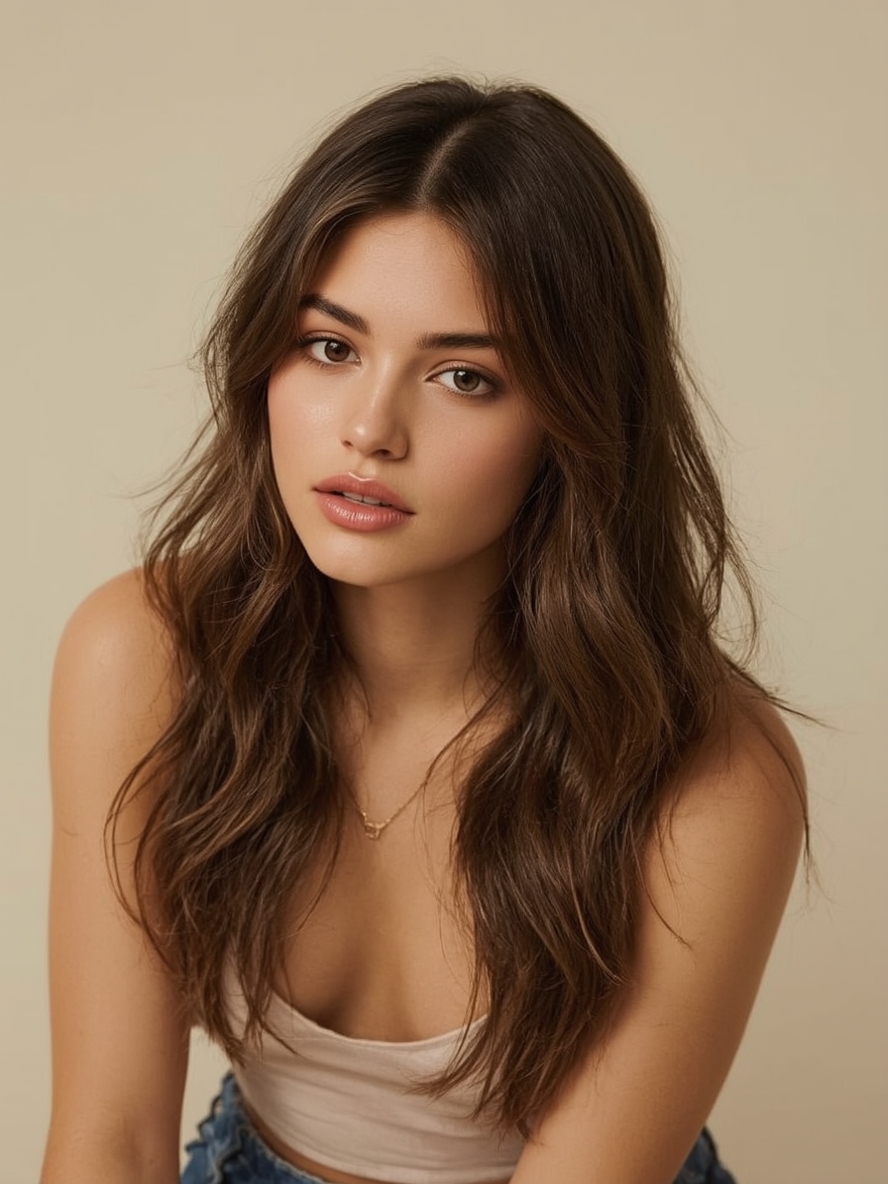 Butterfly Haircut with Sleek Topknot for Long Hair and Round Face