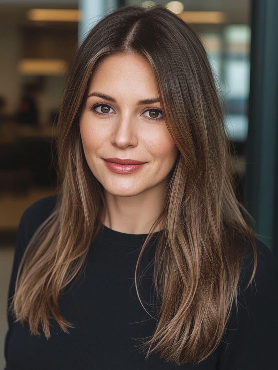 Long Hair Older Women: Pulled Back with Statement Earrings