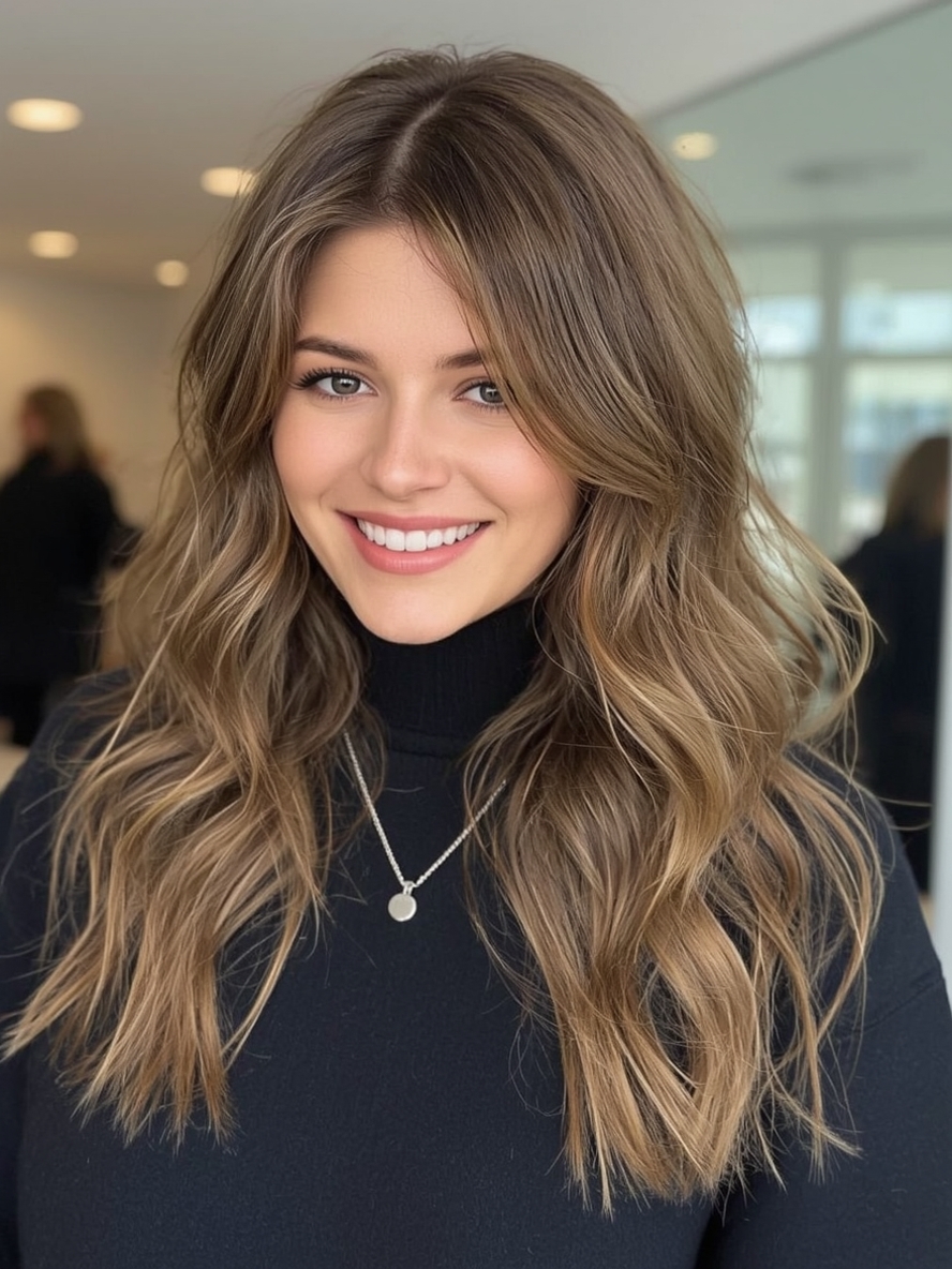 Long Hair Older Women: Deep Side Part with Soft Curls