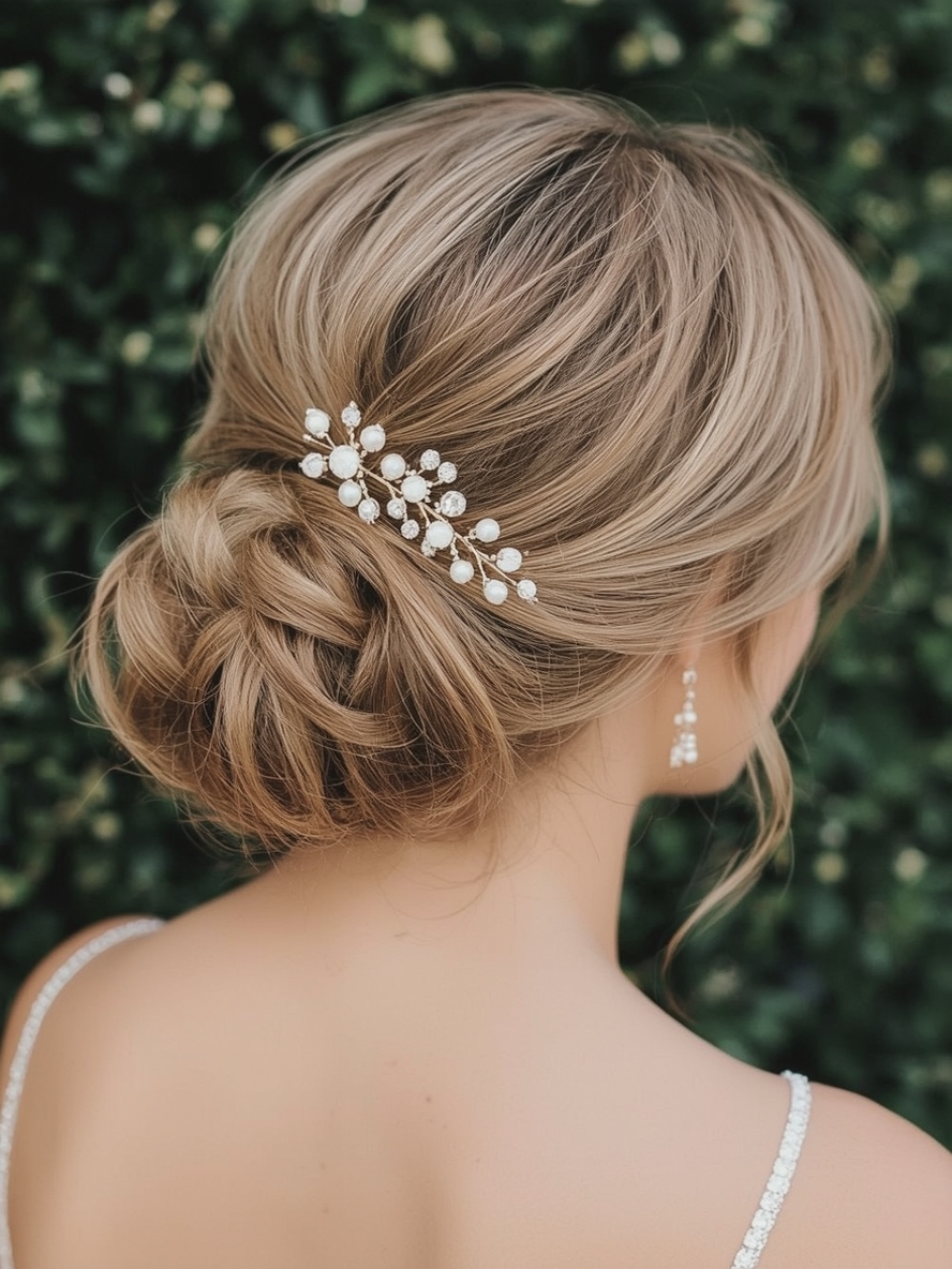 Bridesmaids Hairstyles: Side Chignon with Jeweled Clip