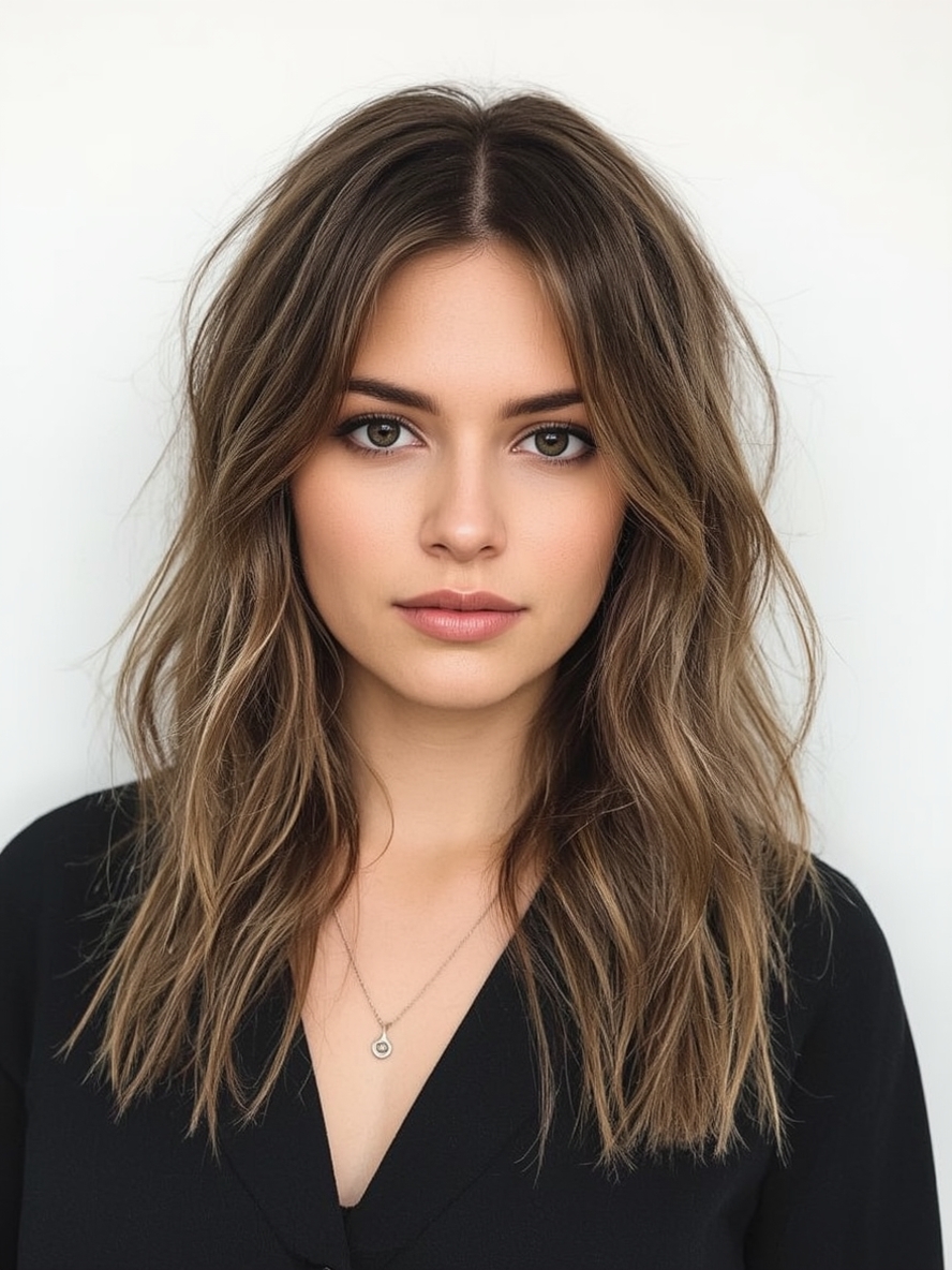 Butterfly Haircut with Chin-Length Layers for Long Hair and Round Face