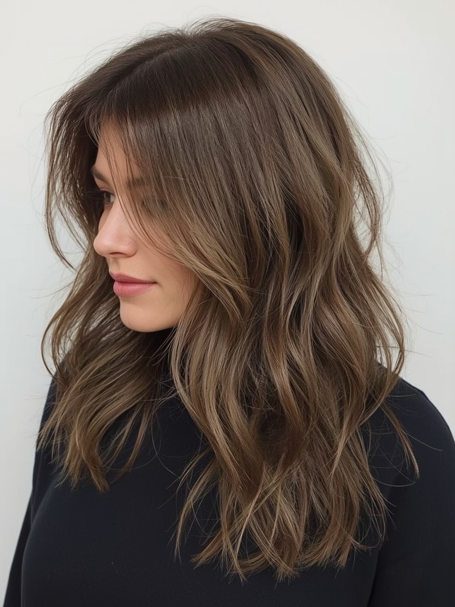 Long Hair Older Women: Side Part with Cascading Layers