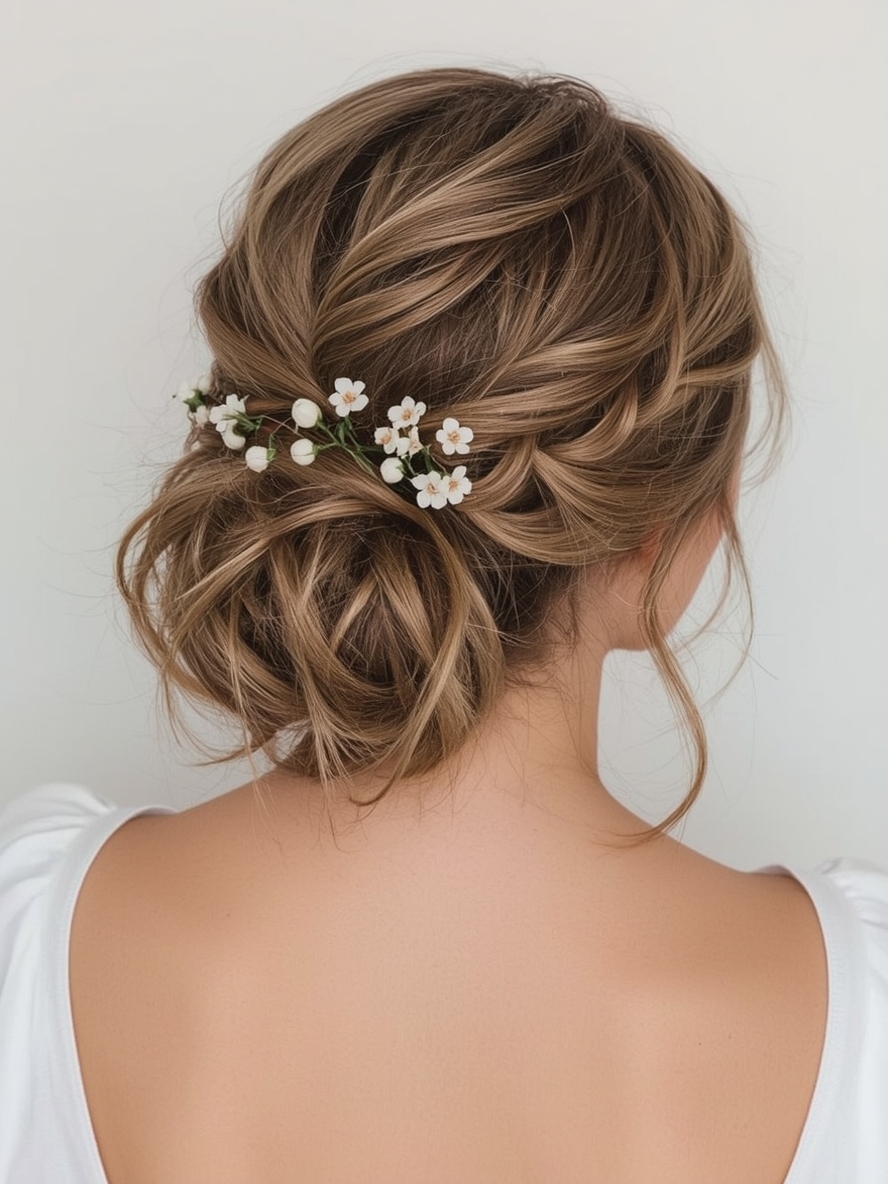 Bridesmaids Hairstyles: Elegant Updo with Floral Accents