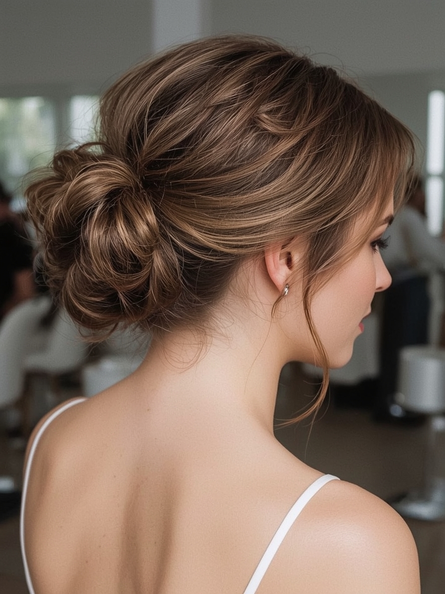 Bridesmaids Hairstyles: High Bun with Braided Wrap