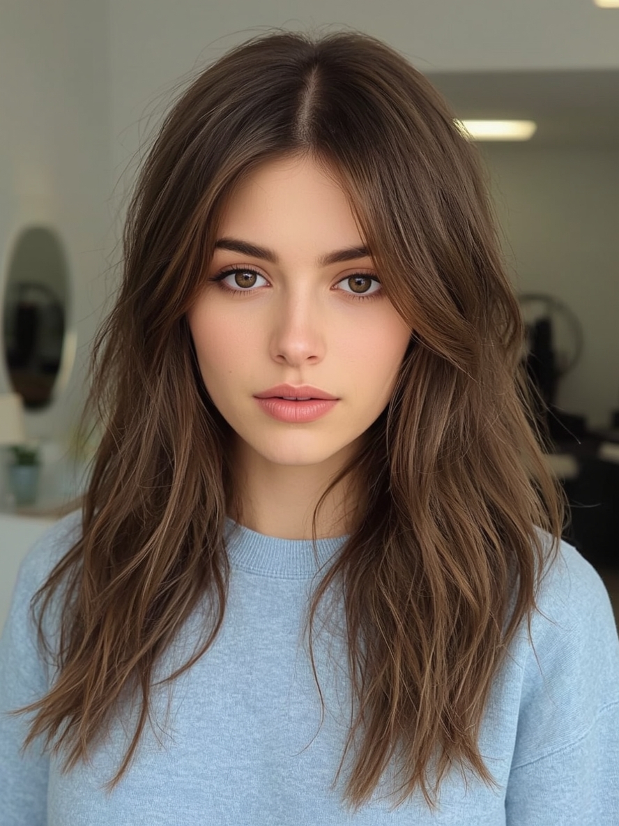 Butterfly Haircut with Micro Bangs for Long Hair and Round Face
