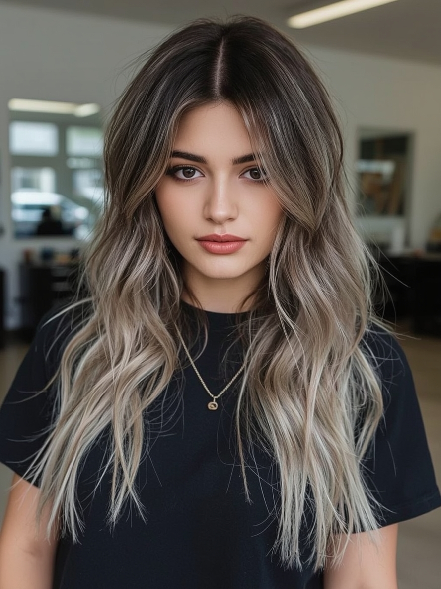 Butterfly Haircut with Dark Roots and Light Ends for Long Hair and Round Face