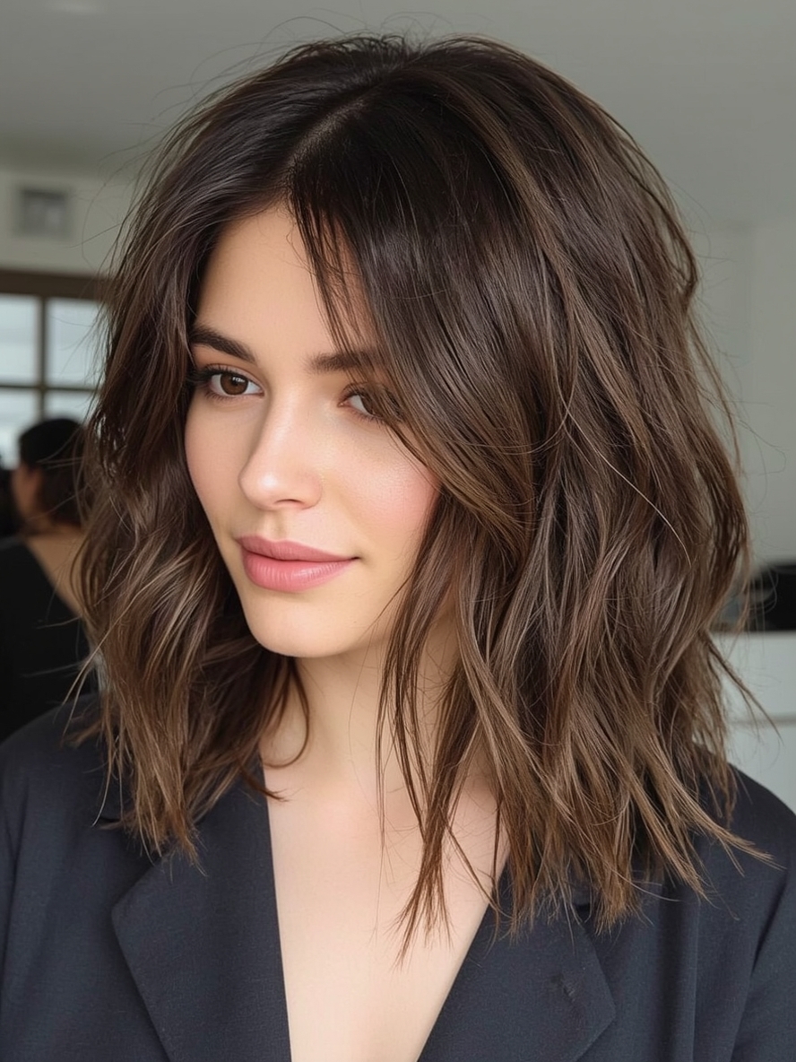 Shoulder Length Hair Thin Fine with a Side Swept Bangs