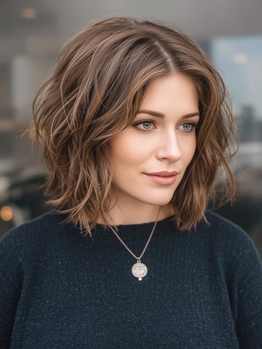 Hairstyle For Thin Fine Hair Over 50: Feathered Chin-Length Bob