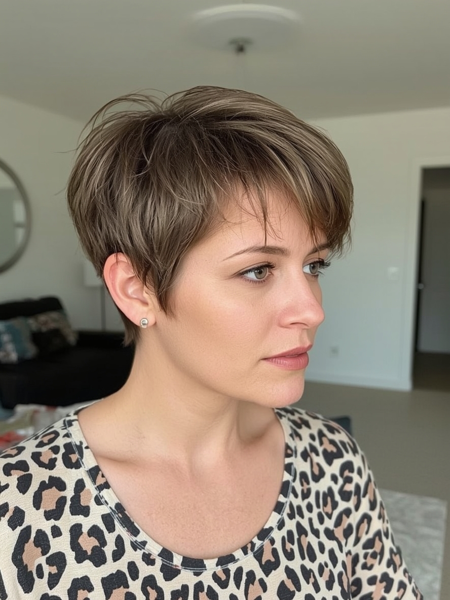 Hairstyle For Thin Fine Hair Over 50: Side-Parted Asymmetrical Pixie