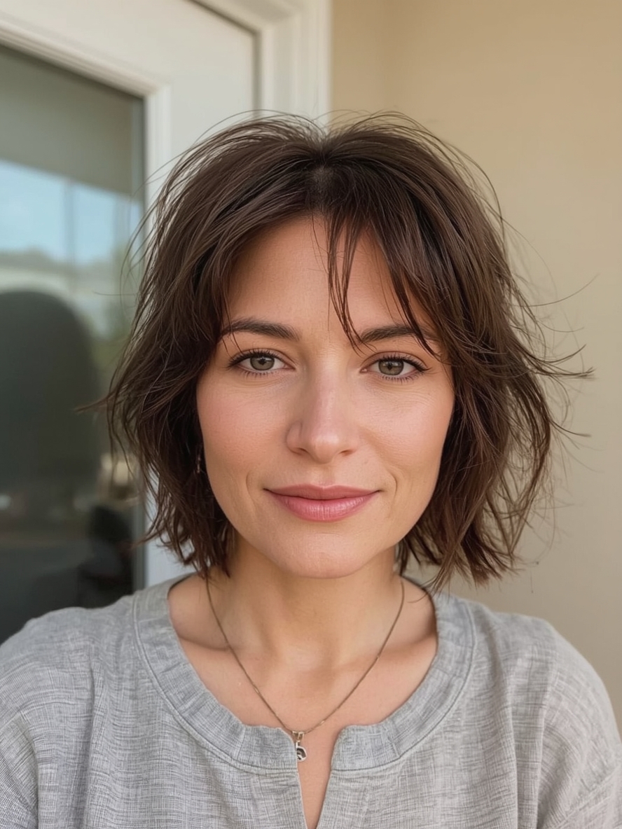 Hairstyle For Thin Fine Hair Over 50: Chin-Length Textured Bob