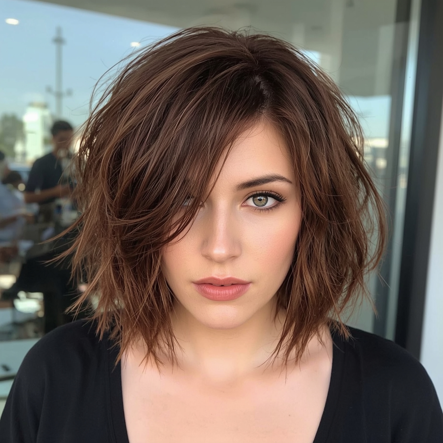 Chocolate Copper Lob with Beachy Waves