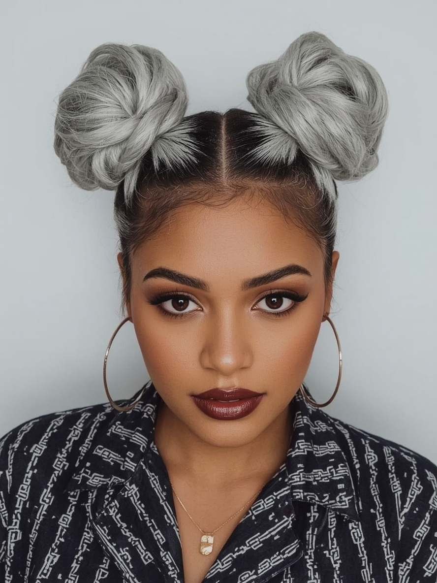 Silver Swept Back Hairstyle on Dark Skin