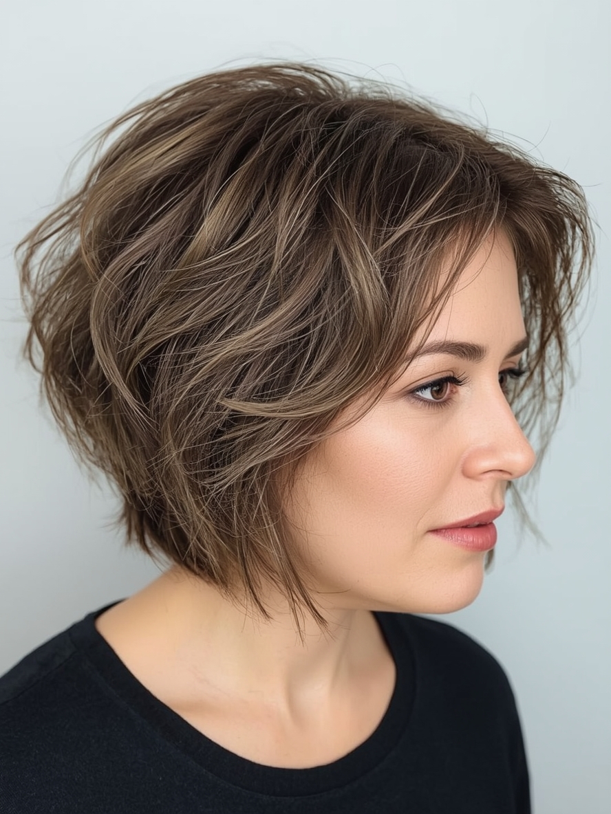 Hairstyles For Thin Fine Hair Over 60: Layered Bob with Side-Swept Bangs